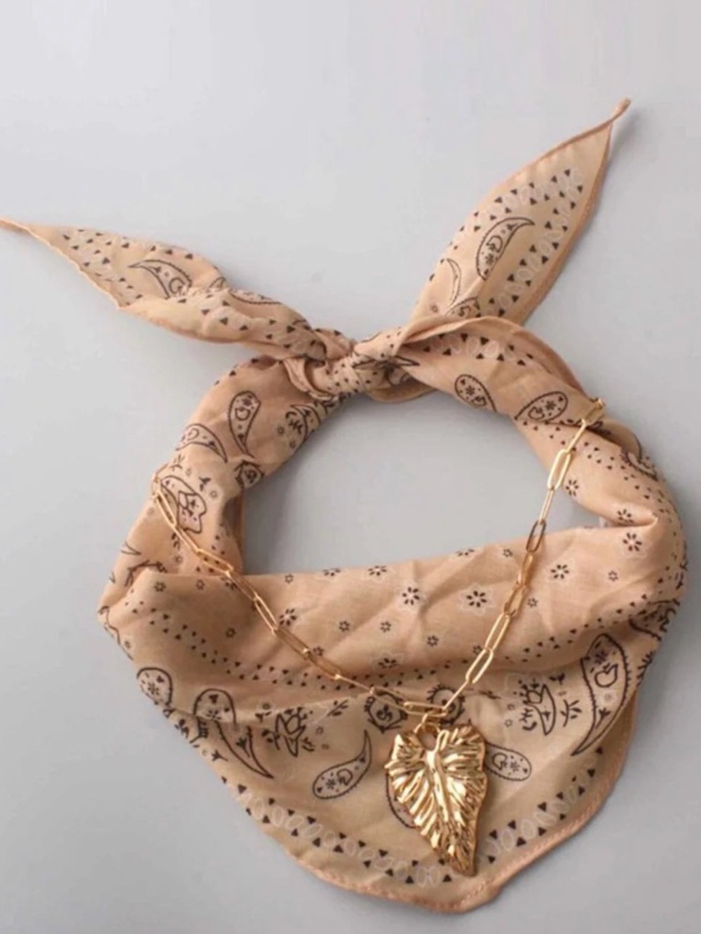 Neutral Paisley Bandana Scarf & Gold Leaf Pendant Necklace Set